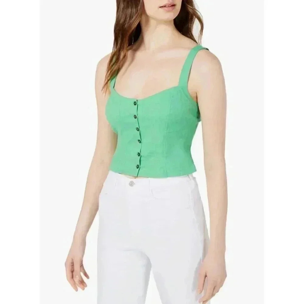 ASTR, Charlene Smocked Button Down Crop Top, Bright Lime, XS